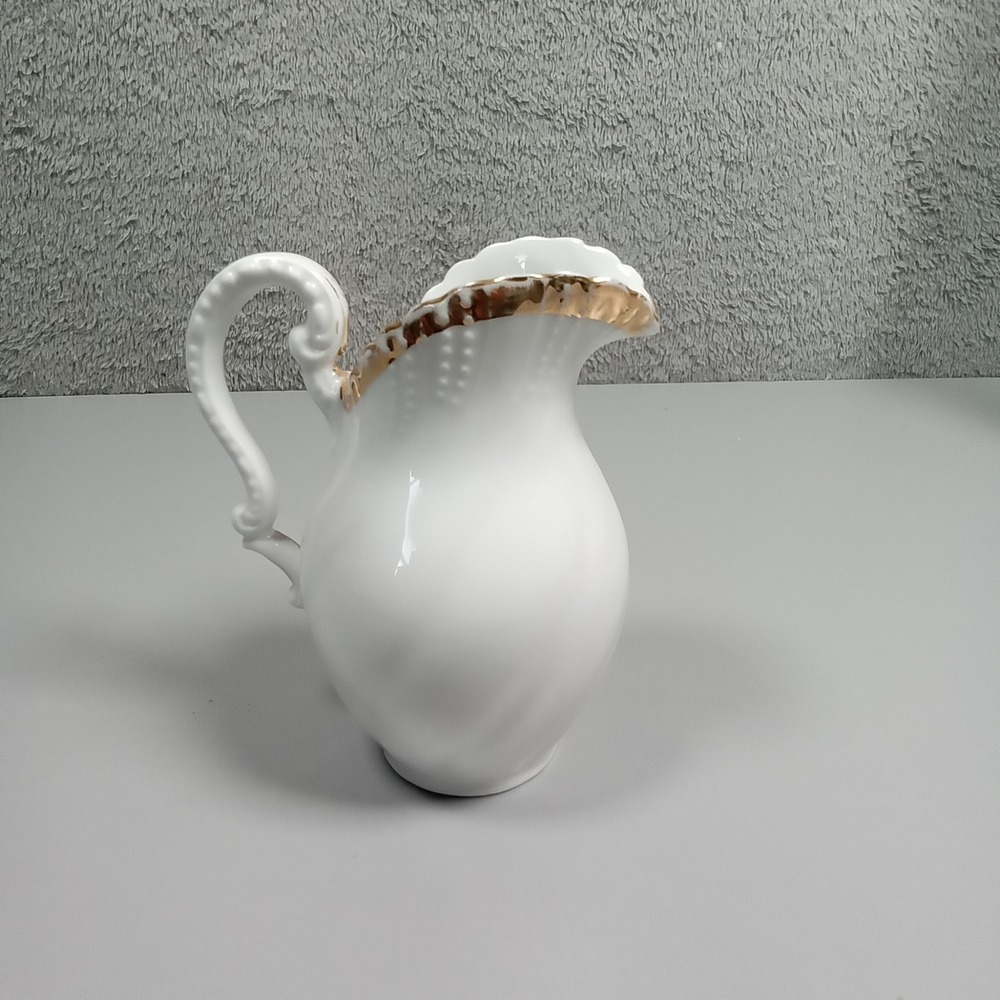 Vintage White‎ Porcelain Pitcher Gold Scalloped Rim Ornate Handle Creamer 5in